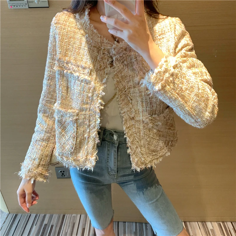 Маленький аромат винтажное твидовое короткое пальто женская Корейская Новинка