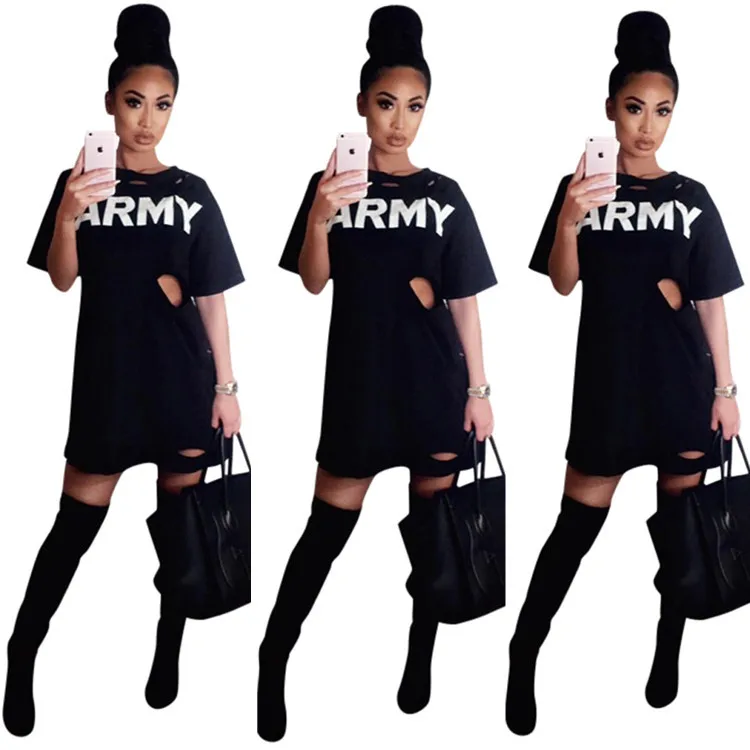 

AR5111 Europe and the United States 2021 sexy women's dress with burnt letters printed black dress T-shirt with holes