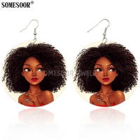 somesoor black cute african girl natural wooden both sides printing dangle drop fashion cute earrings for women gift