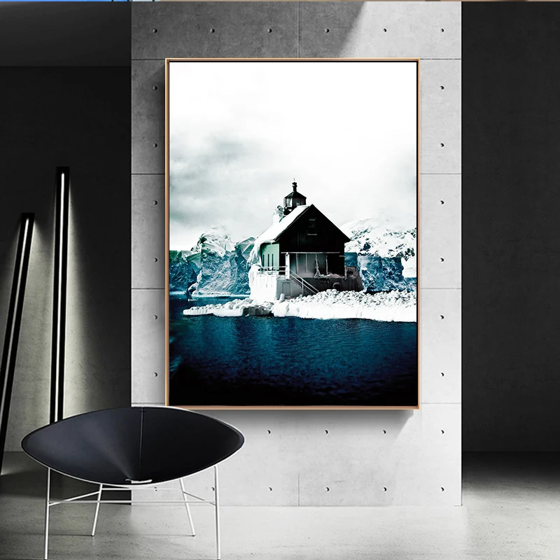 Картина на холсте для гостиной HD Золотая лодка и закат дом в снегу картина