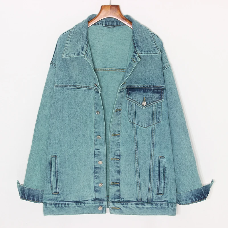 

Spring Autumn Mid-length Vintage Washed Light green Women Denim Jacket Loose Bomber Coat Casual Long sleeve Jeans Jackets Female