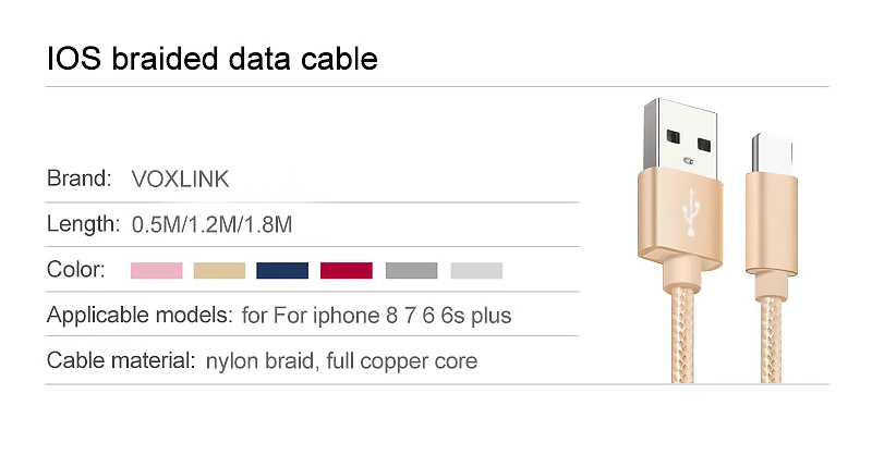 USB-кабель VOXLINK 8-контактный в нейлоновой оплетке для iphone x 8s 7s быстрая зарядка
