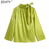 zevity 2021 women elegant pleats stand collar bow tied design jacquard blouse ladies casual kimono shirt chic blusas tops ls9691