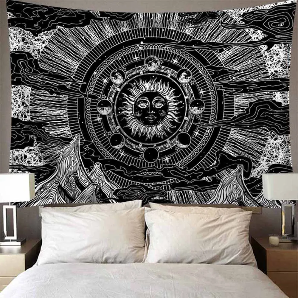 

Mountain Tapestry Sun and Moon Tapestry Wall Hanging Black White Wall Art Hippie Psychedelic Space Wall Carpet