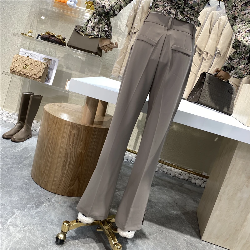 

Niche Design 2021 New Simple And Versatile High Waist Split Wide Leg Pants Solid Color Casual Slim Micro Horn Pants
