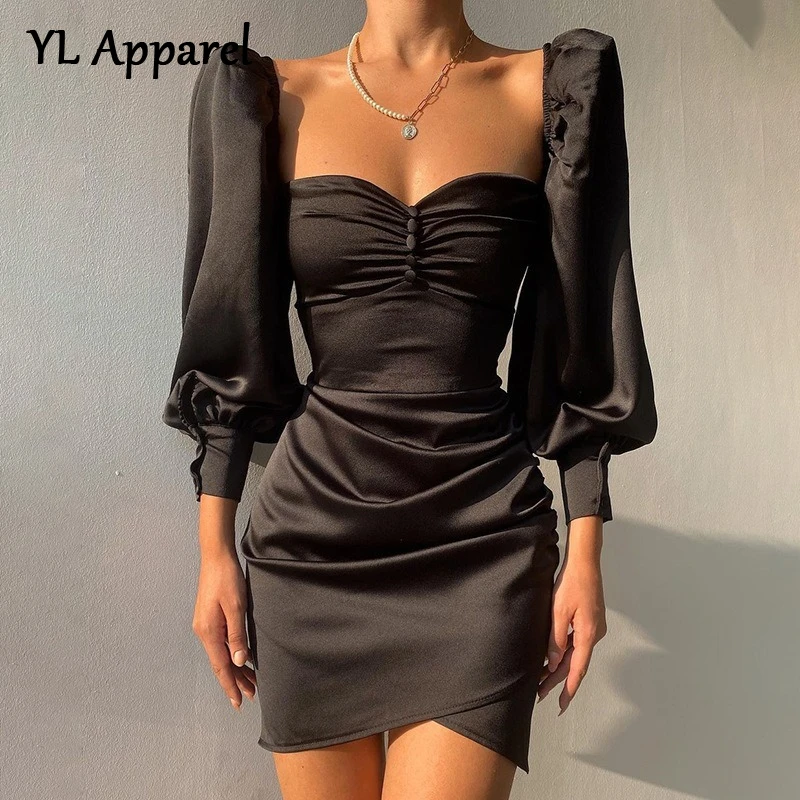 

Puff Sleeve Solid Black Green Y2K Mini Package Hip Party Dresses Woman Clothes Elegant High Waits Bodycon Off Shoulder Vestidos
