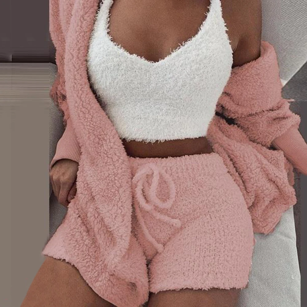 Long Plush 3-piece 2 Piece Sleeve Jacket Women Crop Top Shorts Set Suit 2019 New Female Leisure Sports Sets | Женская одежда