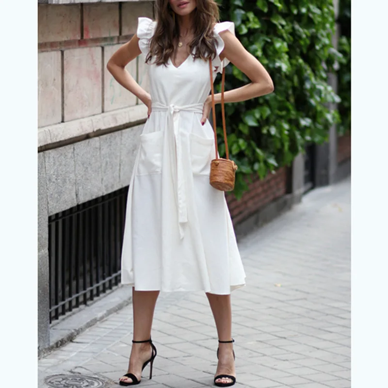 Женское ТРАПЕЦИЕВИДНОЕ ПЛАТЬЕ МИДИ однотонное летнее платье с оборками на