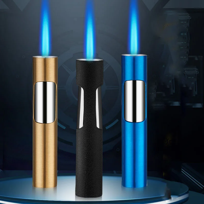 

Torch Metal Lighters Inflatable Outdoor Windproof Portable Butane Gas Lighters Blue Flame Cylindrical Press Cigarette Lighter