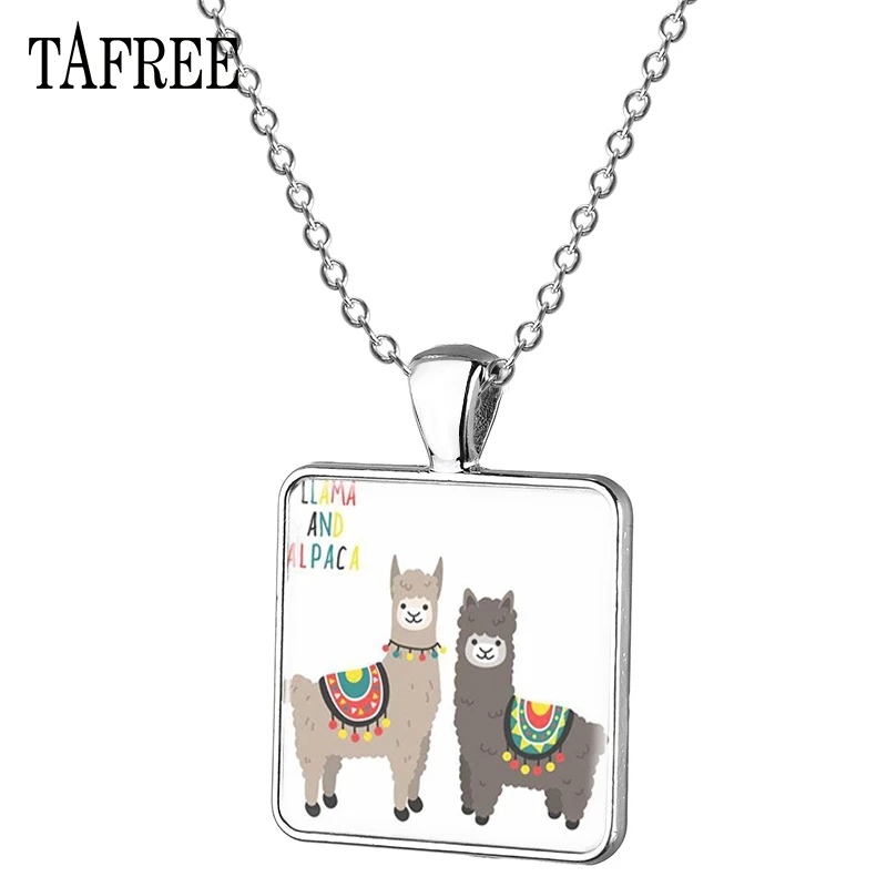 TAFREE Creative Cartoon Alpaca Picture Square Necklace Glass Cabochon Little Sheep Pendant Jewelry Women YT01 | Украшения и