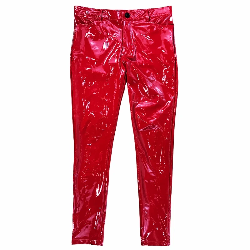 

M-6XL!Custom large size red super bright skinny mirror leather pants stretch PU pants sexy nightclub male model costume .
