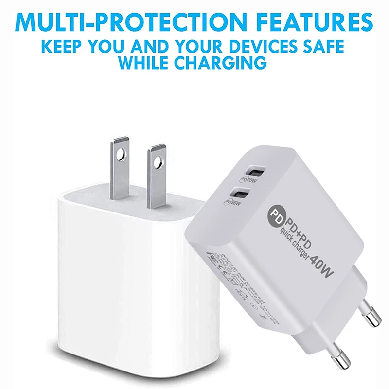 Сетевое зарядное устройство с двумя USB-портами 40 Вт евровилкой/американской