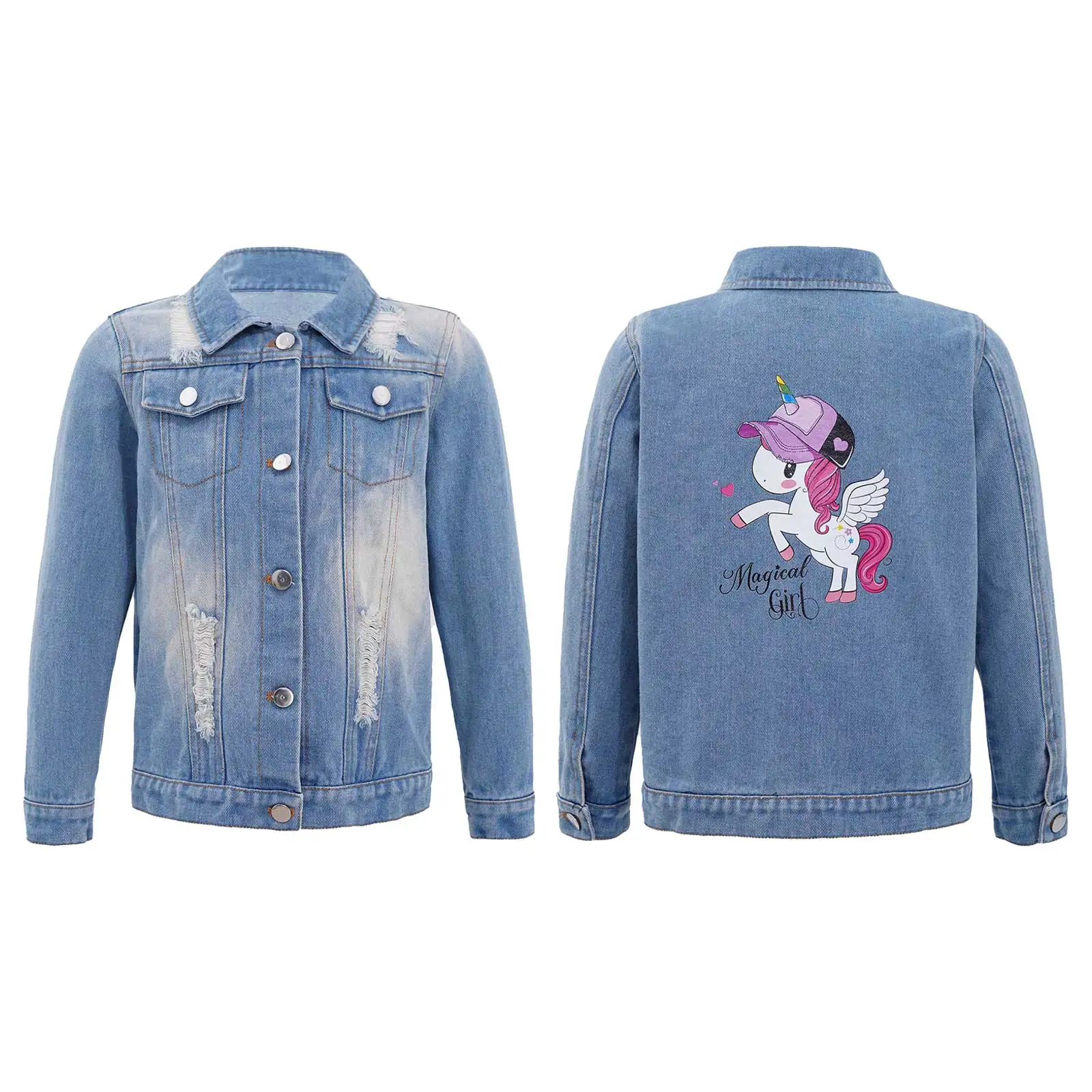 

Kids Girls Denim Jacket Spring Autumn New Coat Cute Cartoon Print Outerwear Fashion Children Ripped Jean Jacket Girls Clothes