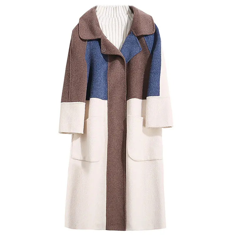 

Female Korean Loose Color Matching Wool Coats Jackets Elegant Long Woolen Coat Women Autumn Winter Plus Size Wool Overcoat