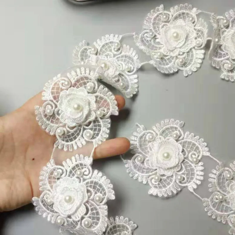 

50X White Pearl 3D Flower Embroidered Lace Trim Trimming Ribbon Fabric Sewing Craft Patches Handmade Wedding Dress Decoration