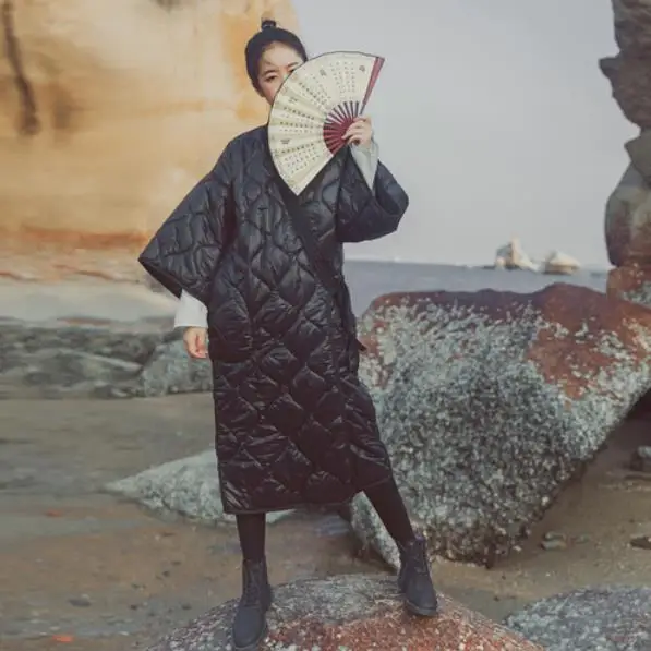 Темно черное зимнее японское кимоно бандажный халат свободная длинная хлопковая