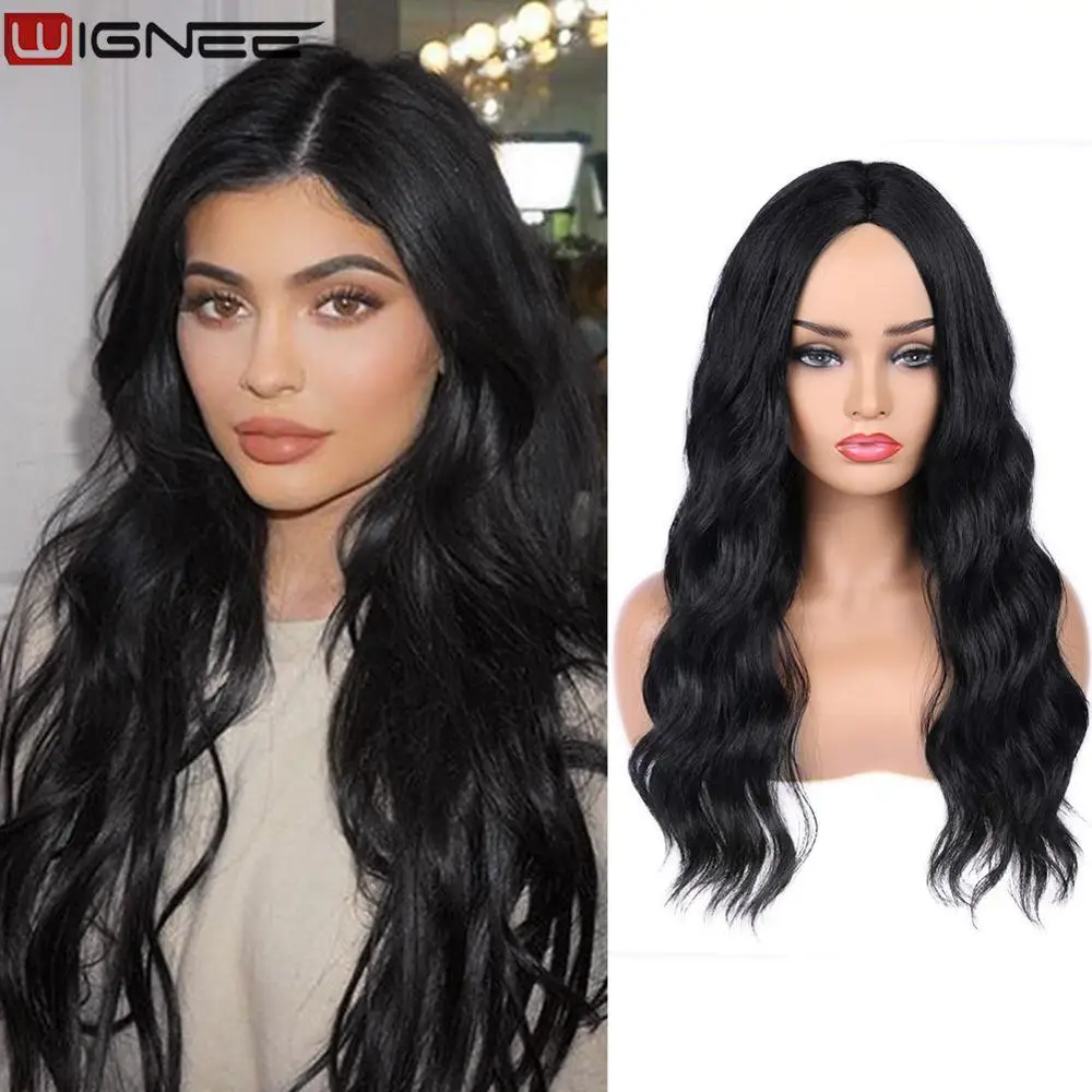 Wignee длинные волнистые волосы средняя часть синтетический парик для черных