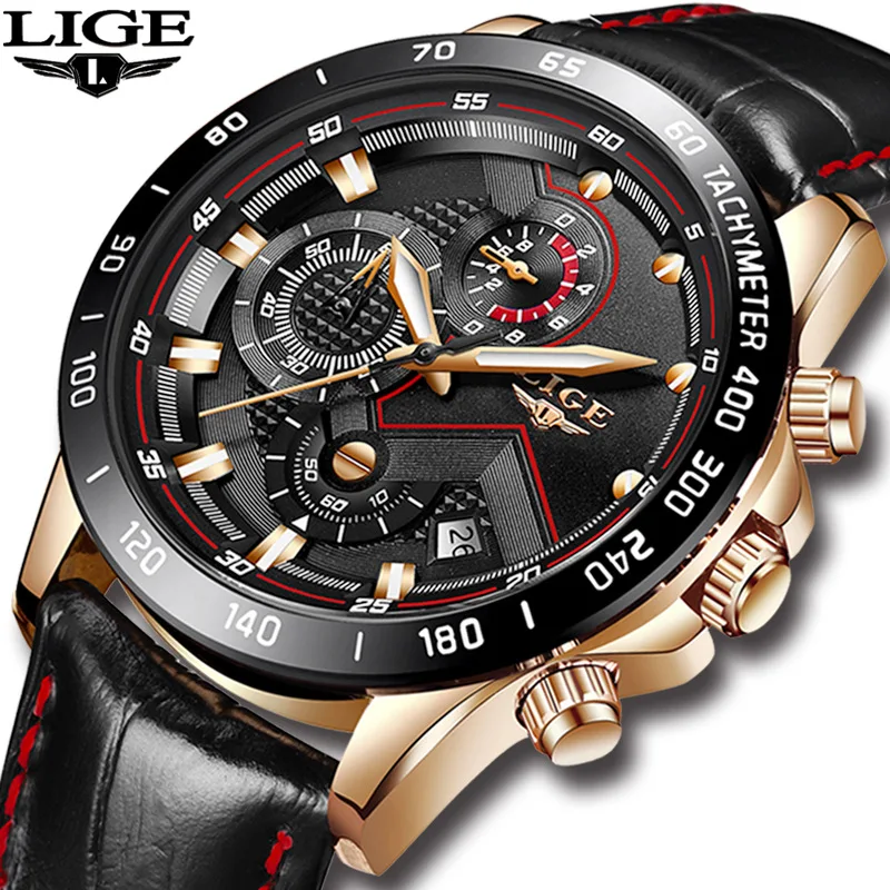 

LIGE 9874 Men's Watches Fashion Sport Chronograph Luxury Business Quartz Waterproof Leather Wristwatches Man Relogio Masculino