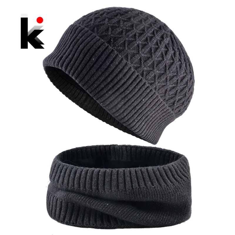 Теплая шапка для мужчин Зимняя вязаная и шарф Толстая монохромный шапки Двойной