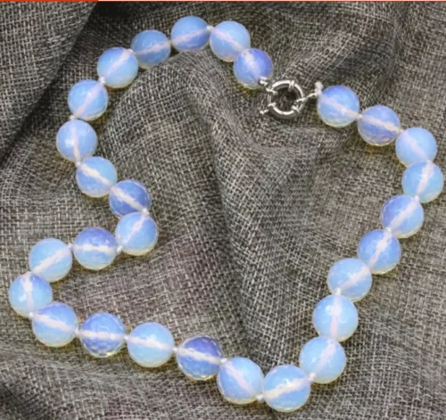

Handmade 10mm Natural white opal faceted round beads necklace 18INCH