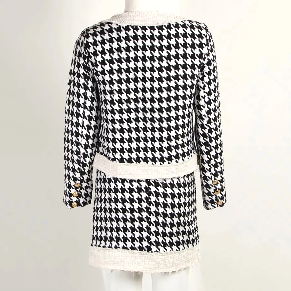 Ailigou Winter New Women'S Houndstooth Tweed 2 Sets Of Sexy Long-Sleeved Round Neck Button Coat+ Skirt Vestidos Party Suit