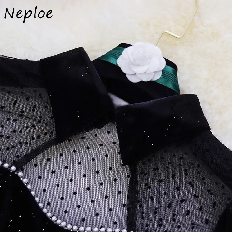 

Neploe Lace Patch Hollow Out Dress Women Turn Down Collar Lantern Long Sleeve Slim Vestidos High Waist Hip A Line Velour Robe