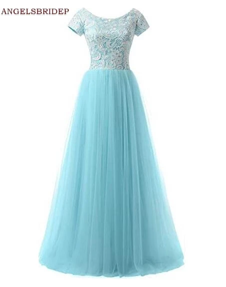 

ANGELSBRIDEP Scoops Neck Long Evening Party Gowns Formal Short Sleeves Lace Bodice Vestidos de festa Prom Dress Hot Sale