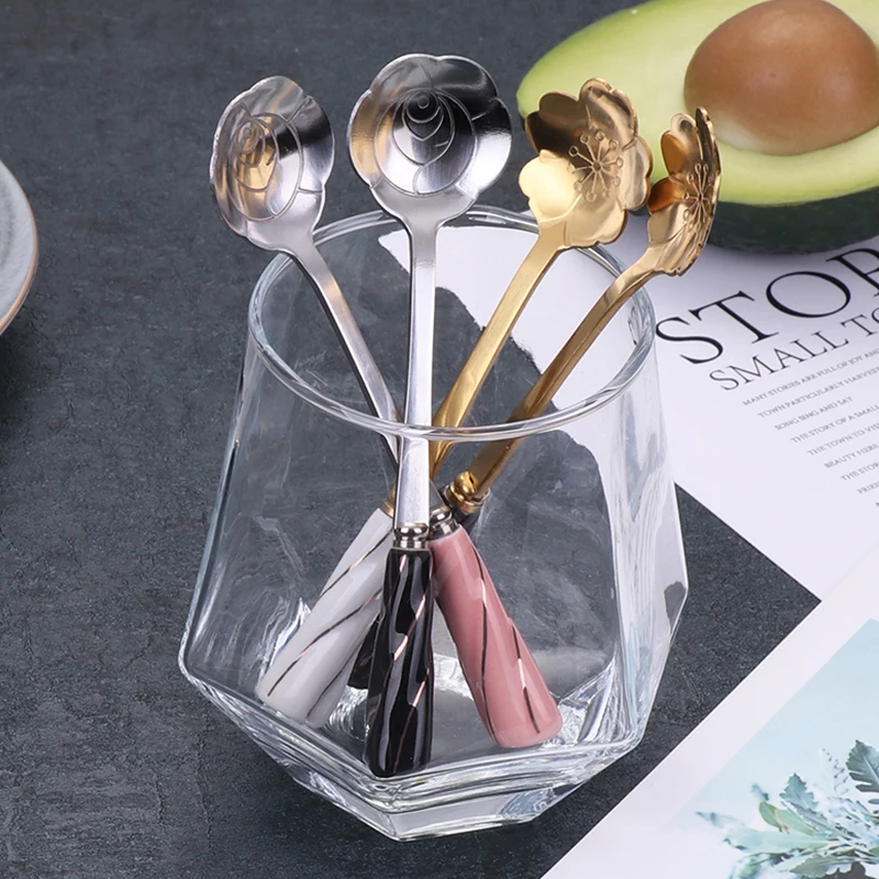 

Mixing Spoon Stainless Steel Flower Spoon Ceramic Handle Spoon Elegant Coffee Dessert Flower Spoon European Style