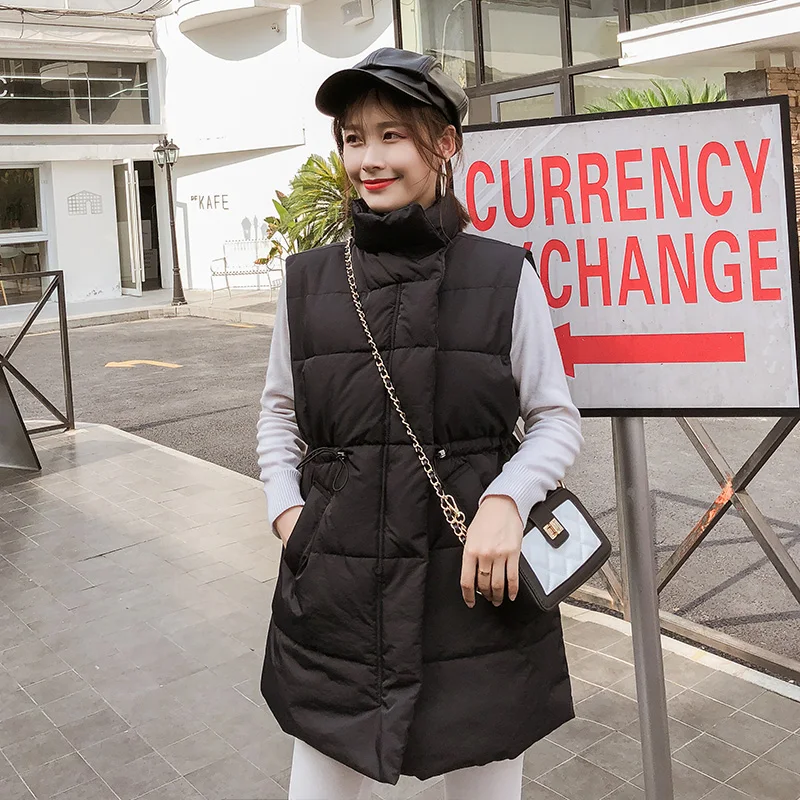 

Women Medium Long Vest 2019 New Spring Autumn Slim Stand Collar Sleeveless Tops Ladies Zipper Waistcoat Fashion Black Coat