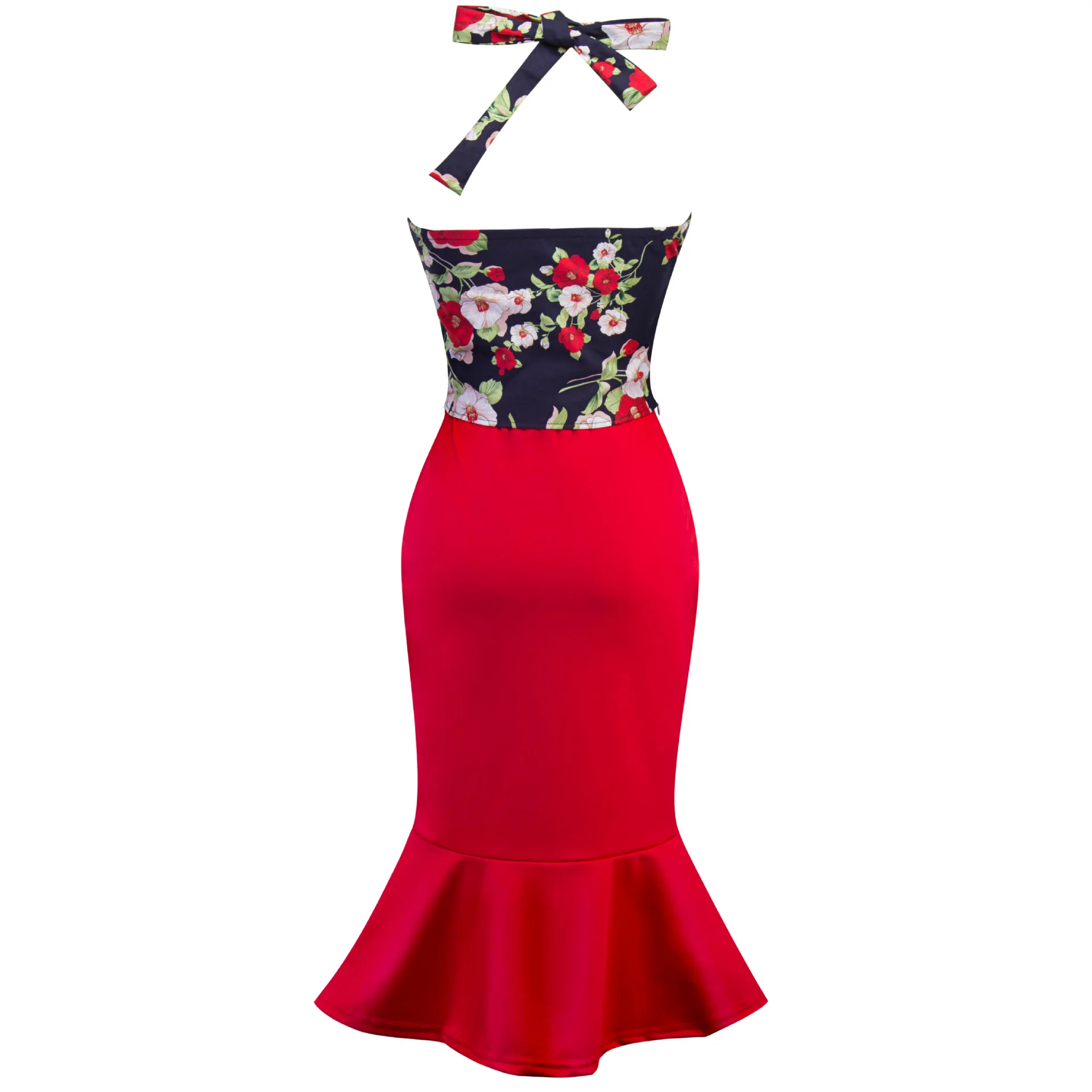 

2021 new stitching hanging neck hanging neck waist bag hip skirt summer French pastoral style fishtail dress women's clothing