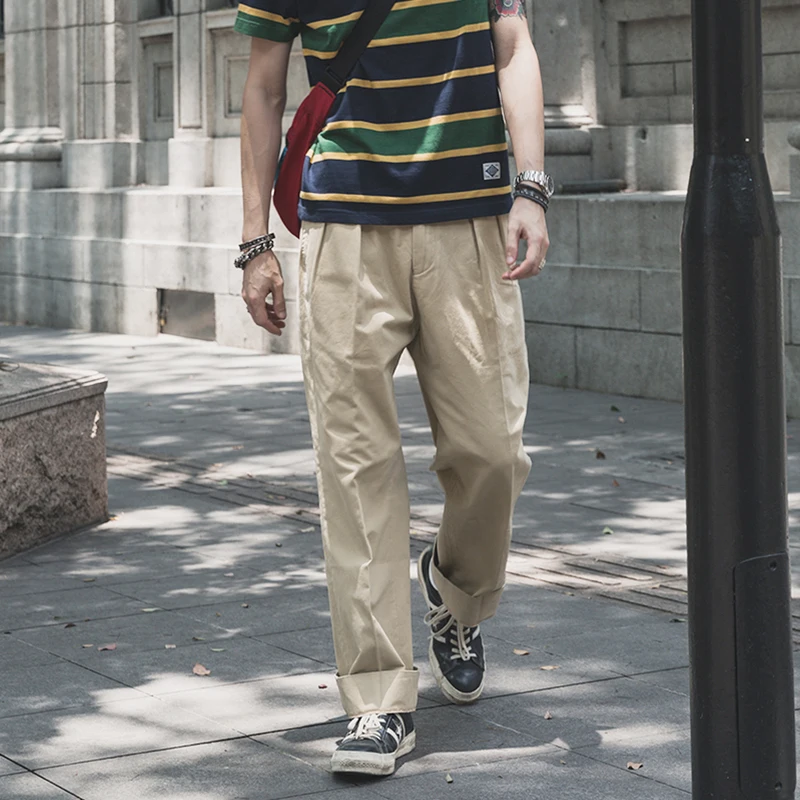 

Non Stock 1930s IVY Style Double Pleated Chino Trousers Suit Pants Style Men's Casual Loose Straight Khaki Cargo Pants