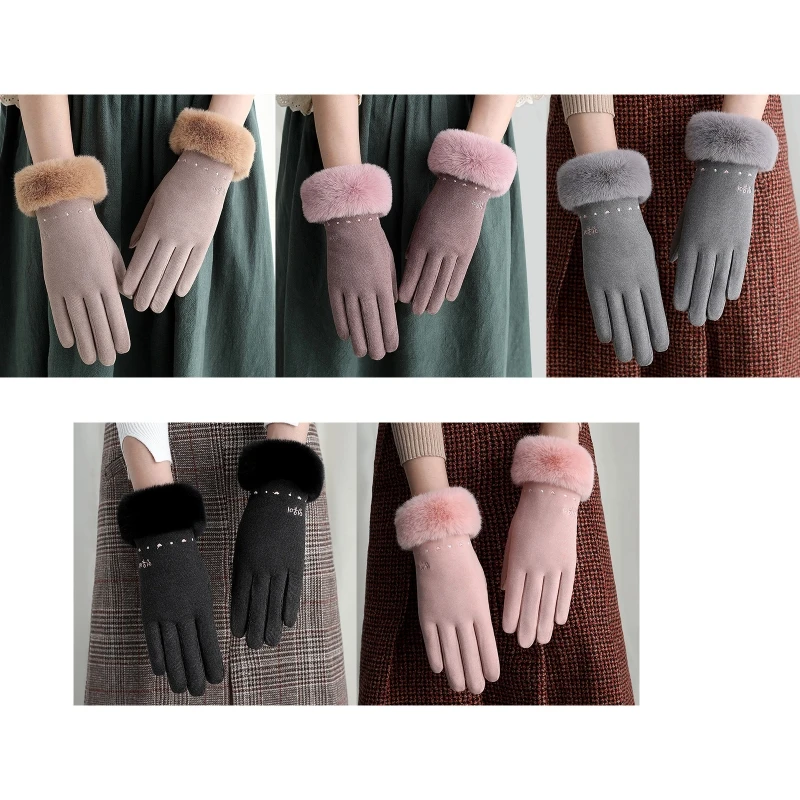 

Women Winter Cold Weather Full Finger Gloves Thicken Warm Plush Lined Sweet Heart Embroidery Outdoor Driving Windproof Touch Sc