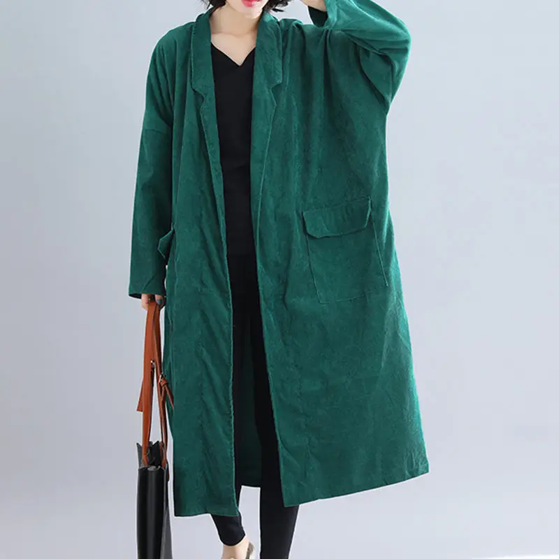 

Women Corduroy Trench Coat Spring Autumn Retro Wild Large Size Long Cardigan Solid Color Casual Windbreaker Mujer Chaqueta f2888