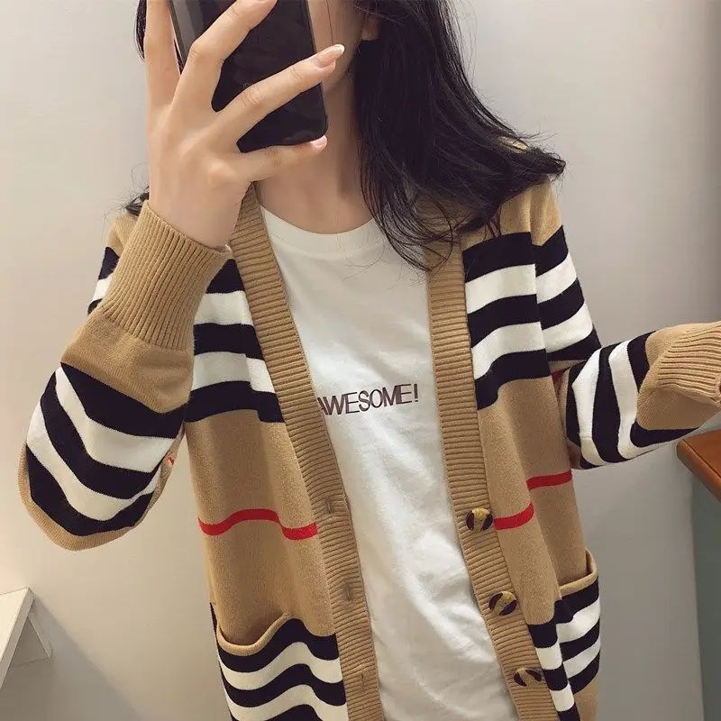 

Autumn and winter v-neck Stripe Cashmere knitted Cardigan woman medium-length collision color sweater coat long-sleeved lazy loo
