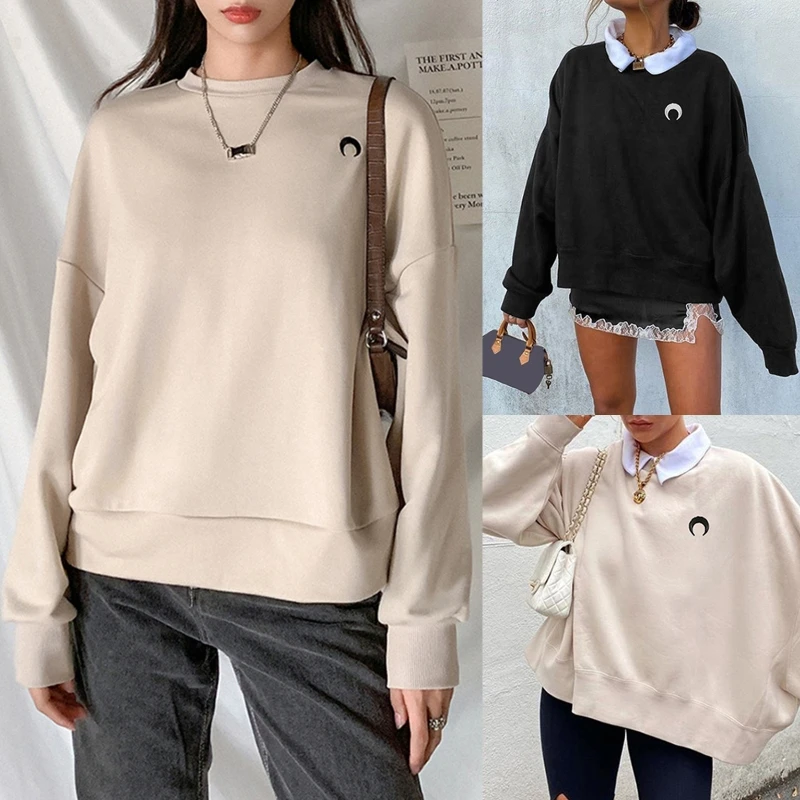 

Women Autumn Batwing Long Sleeve Sweatshirt Round Neck Moon Embroidery Pullover Tops Harajuku Casual Oversized Loose Streetwear