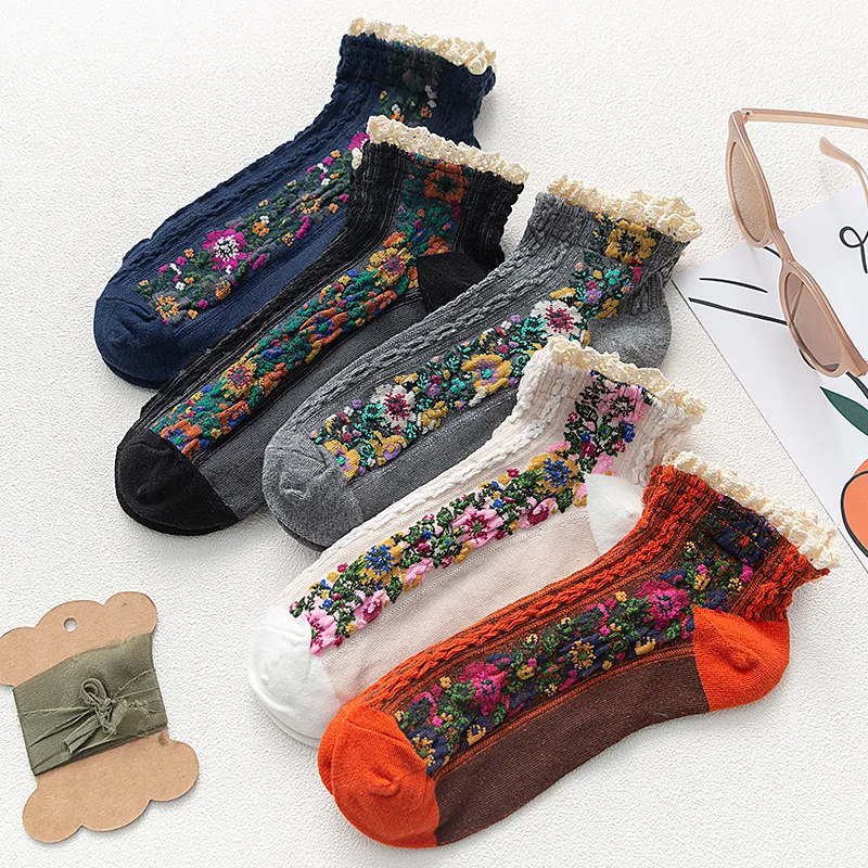 

Women Fashion Cotton Three-dimensional Flower Socks Curled Knitted Colorful Female Short Heel Ruffle Flowers Pattern Socks