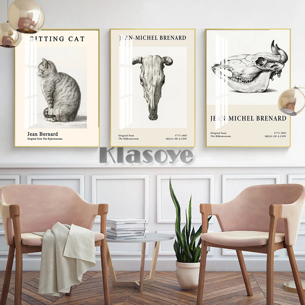 

Jean Bernard Animal Sketch Art Prints Poster Sitting Wall Hanging Picture Cat Skull Of A Cow Canvas Painting Retro Home Decor