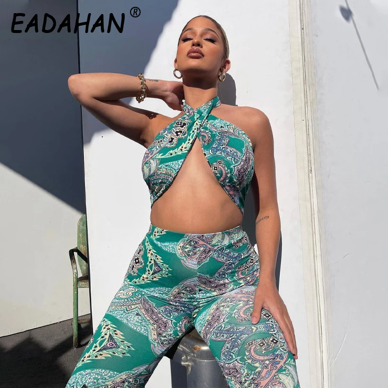 

EADAHAN Retro Pattern Print Jumpsuit Women's Chest Bag Cross Hollow-Out Halter Backless Sexy Sleeveless Jumpsuit Street Wear