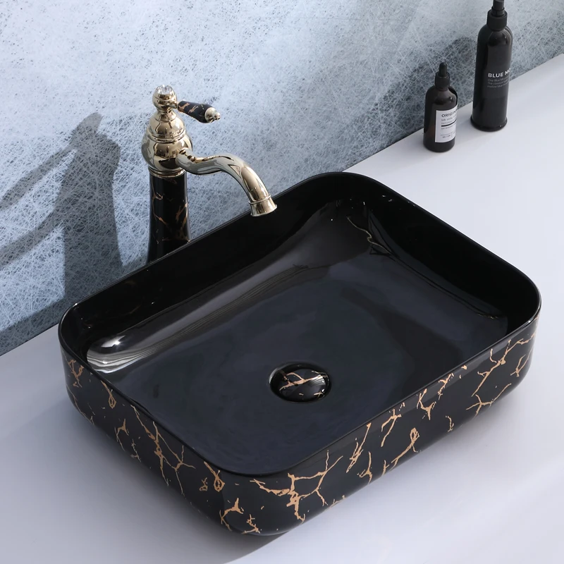 

Керамическая раковина черного и золотого цвета, прямоугольная раковина для умывальника, бытовая раковина для балкона, керамическая ракови...