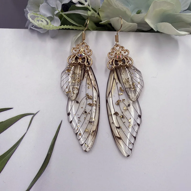 

Minar Handmade Fairy Resin Simulation Wing Drop Earrings Foil Rhinestone Butterfly Dangle Earrings Romantic Wedding Jewellery