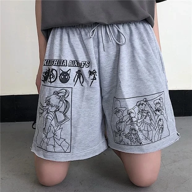 

2021 Summer Streetwear Cartoon Comic Sailor Moon Letters Print High Waist Shorts Casual Loose Elastic Waist Straight Shorts