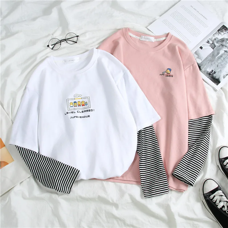 

2021 Весна Harajuku футболка с длинным рукавом для женщин в стиле хип-хоп Уличная футболки для девочек в Корейском стиле, в полоску, с рисунком [rint, ...