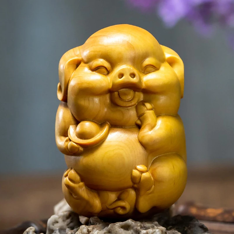 

6CM Rich Pig Boxwood Feng Shui Cute Piggy Zodiac Animal Sculpture Mascot Wood Statue Home Decor