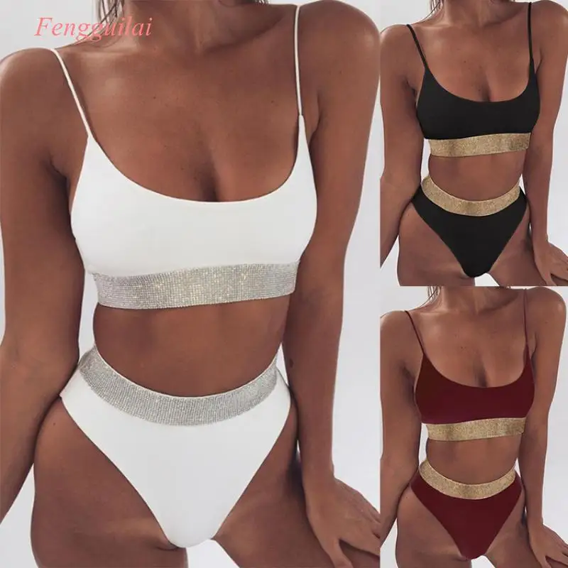 

High Waist Bikini Split Swimsuit Women Sequin Solid Color Fashion Casual Two Piece Set 2020 European and American Sexy