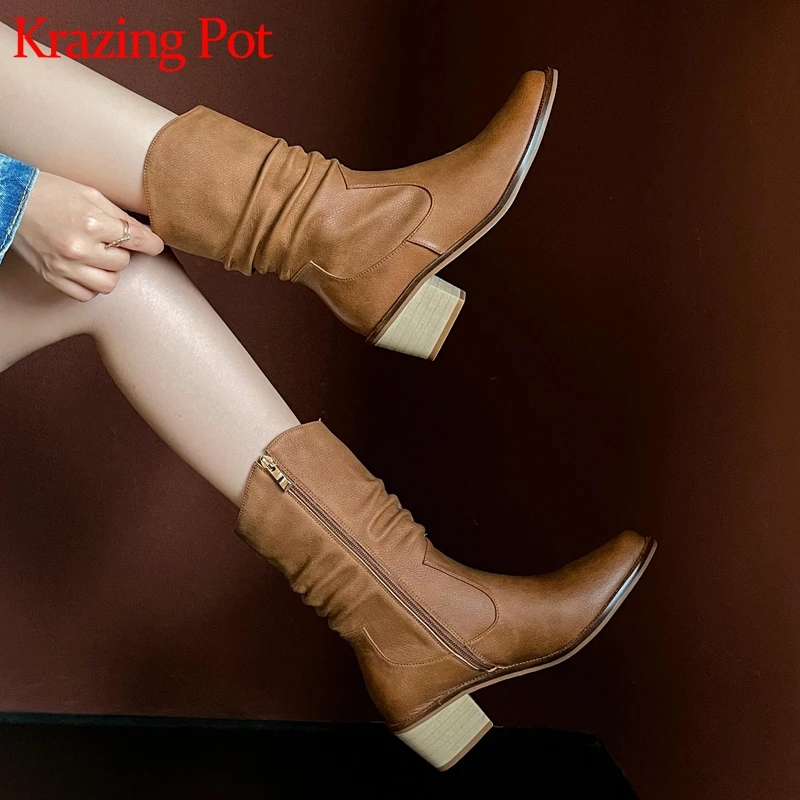 

Krazing Pot natural cow leather plus size 43 winter cowboy boots round toe retro fashion thick med heels pleated ankle boots l23