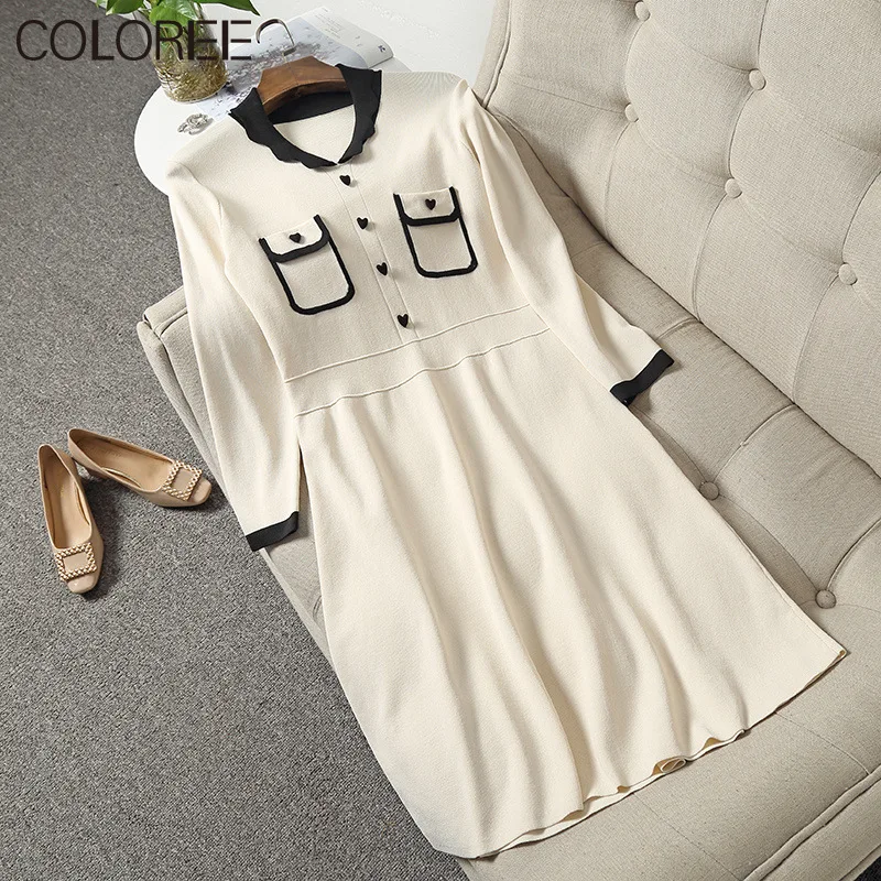 

High Quality Runway Designers Winter Clothes Women 2022 Elegant Heart Buttons Long Sleeve Knitted Sweater Dresses Midi Vestidos