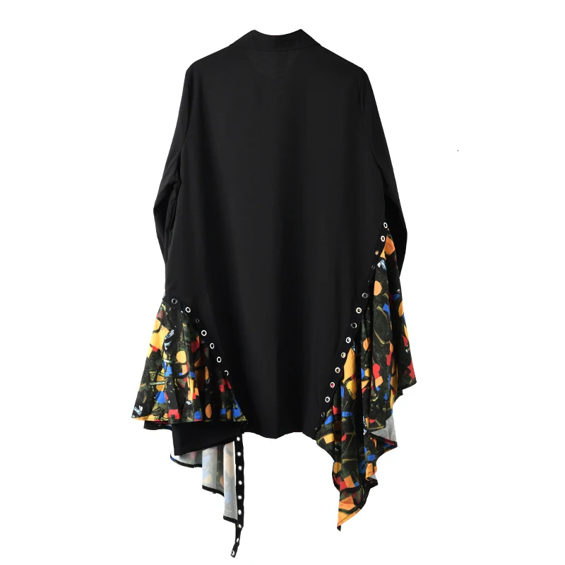 [EAM] Women Black Print Asymmetrical Big Size Shirt Dress New Lapel Long Sleeve Loose Fit Fashion Spring Autumn 1B060