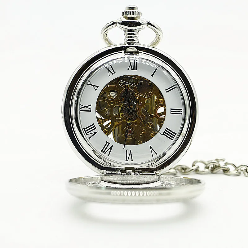 Silver Steampunk Hollow Roman Design Mechanical Pocket Watch Vintage Necklace Pendant Accessories Gift Men Fob Chain Watch