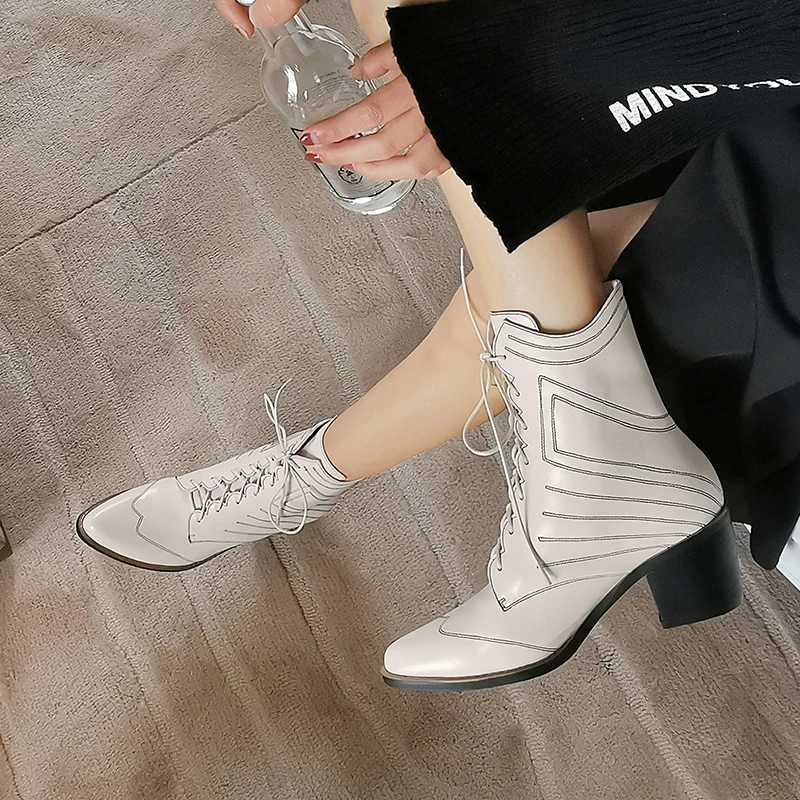 

WETKISS High Heels Western Boots Women Cow Leather Ankle Booties Female Sewing Shoes Ladies Pointed Toe Shoes Winter 2020 New