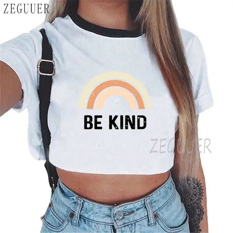 

Женская футболка с радужным принтом Be Kind, Повседневная модная белая укороченная футболка в Корейском стиле, Базовая футболка, уличная одежд...